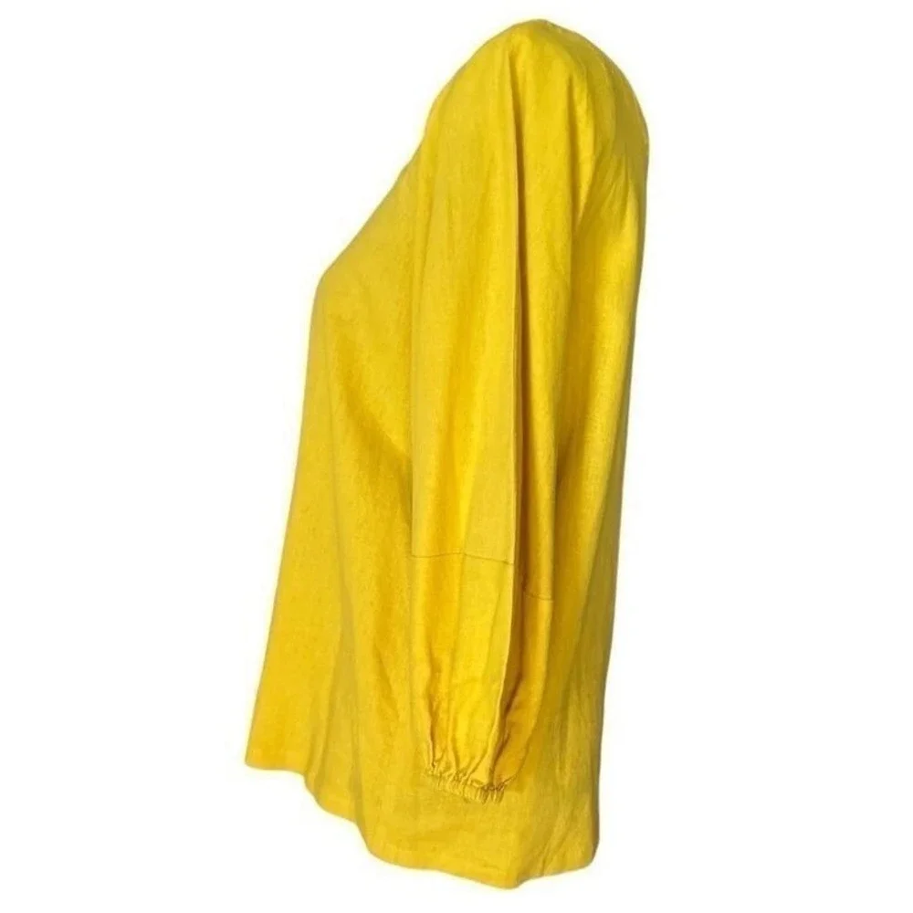 LOFT Mustard Yellow Linen Blend Balloon Sleeve Boat Neck V-Back Blouse‎ Small